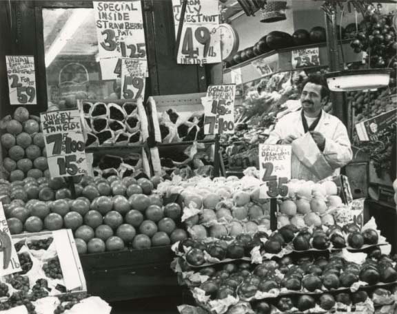 Vintage black and white photo of a food market in Paddy's Market Historic District.